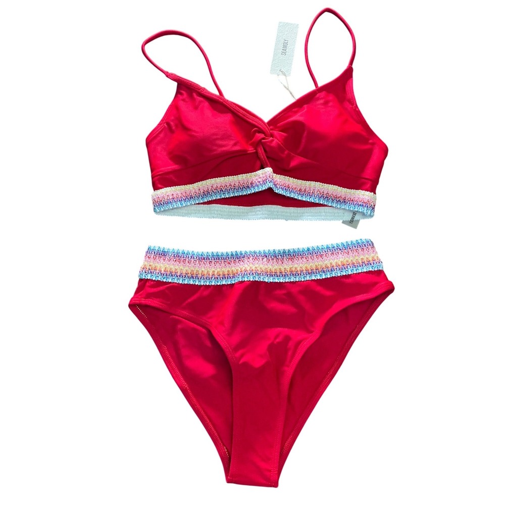 SEAMOLY Red Boho Rainbow Trim Bikini Set High Waisted XS Beach Pool Gym Cruise‎